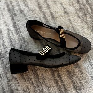 Dior Black Polka Dot Mesh Flats with Gold Logo